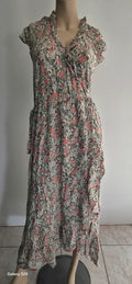 Robe Maxi Old Navy Florale Rose Vert — Col V Volanté Manches Cap — L Tall — Très bon état