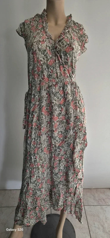 Robe Maxi Old Navy Florale Rose Vert — Col V Volanté Manches Cap — L Tall — Très bon état