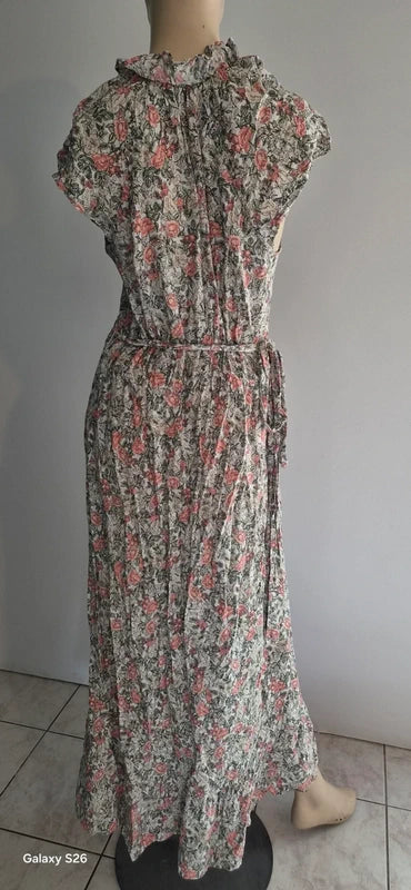 Robe Maxi Old Navy Florale Rose Vert — Col V Volanté Manches Cap — L Tall — Très bon état