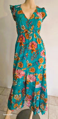 Robe Maxi Jaase Vert Émeraude Floral — Manches Volantées — S — 100% Rayon — Très bon état