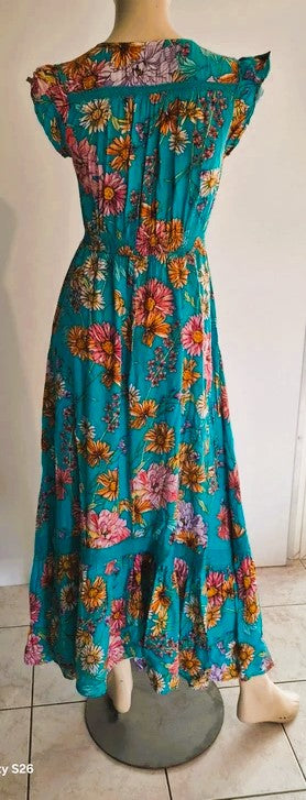 Robe Maxi Jaase Vert Émeraude Floral — Manches Volantées — S — 100% Rayon — Très bon état