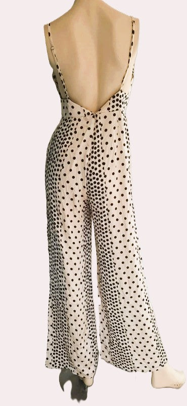 Combinaison Missguided Petite Pois Noirs Crème — Col V Plongeant Dos Nu Jambe Large — EUR 38 / UK 10 — Très bon état