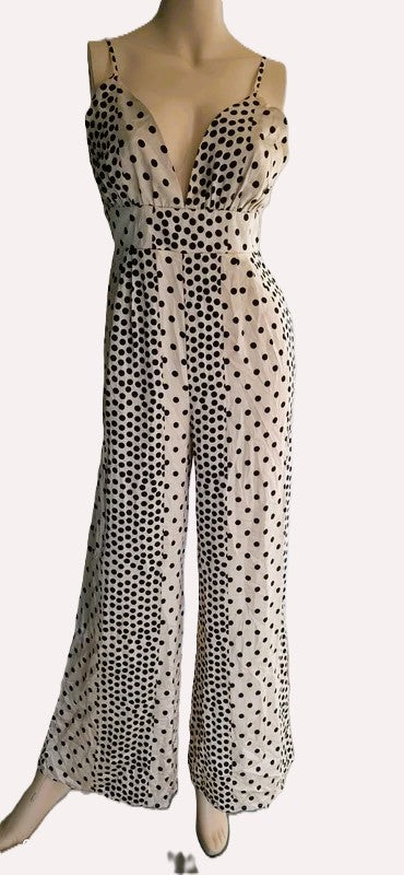 Combinaison Missguided Petite Pois Noirs Crème — Col V Plongeant Dos Nu Jambe Large — EUR 38 / UK 10 — Très bon état
