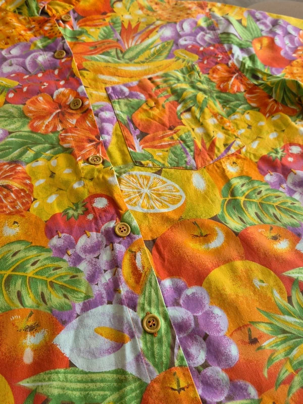 Chemise Aloha Mixed Blues Fruits Tropicaux Jaune — Made in Philippines — S — Bon état