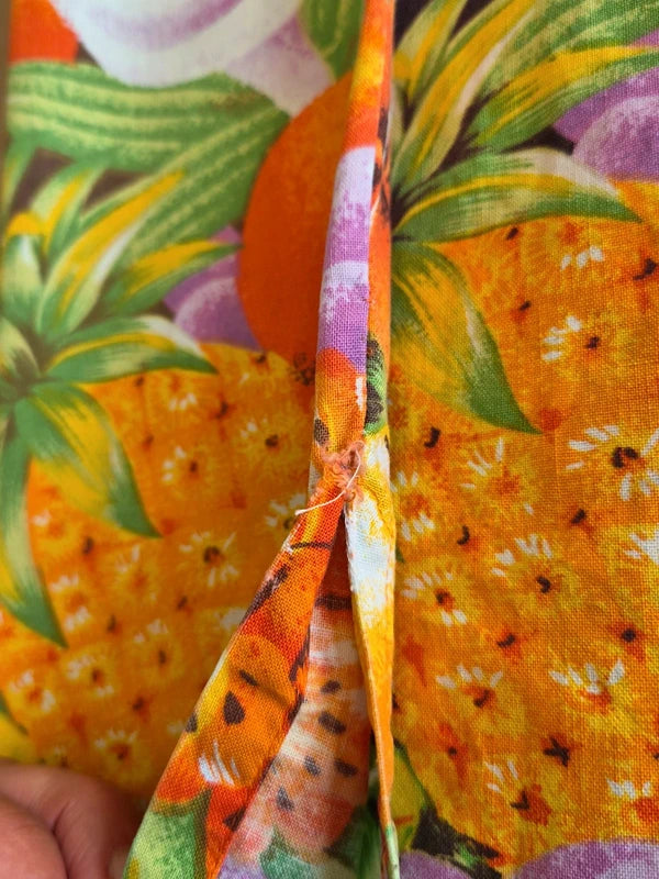 Chemise Aloha Mixed Blues Fruits Tropicaux Jaune — Made in Philippines — S — Bon état