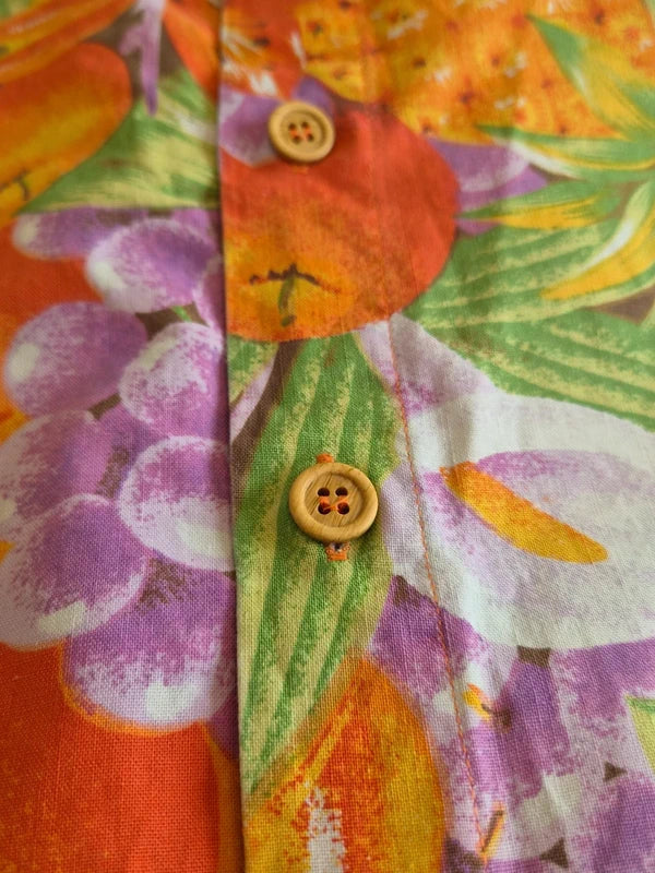 Chemise Aloha Mixed Blues Fruits Tropicaux Jaune — Made in Philippines — S — Bon état