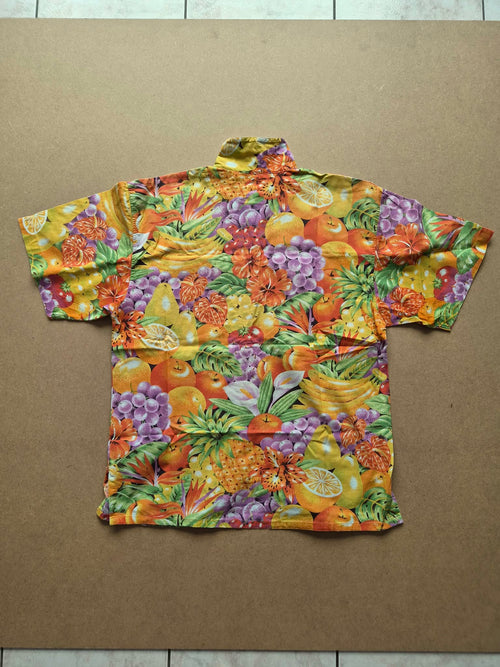 Chemise Aloha Mixed Blues Fruits Tropicaux Jaune — Made in Philippines — S — Bon état