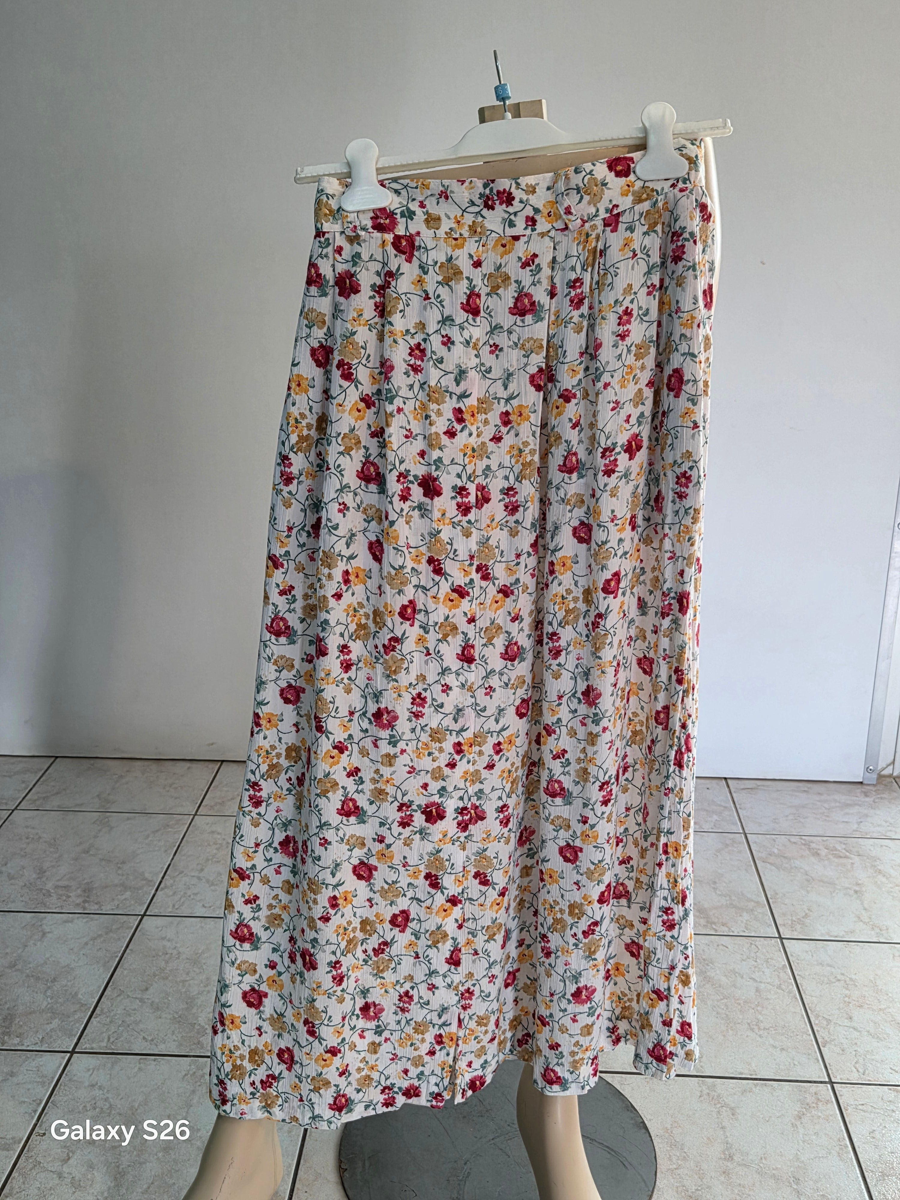 Jupe Maxi Florale Roses Fuchsia Bordeaux — Taille Haute Élastiquée Lien Noué Poches — Très bon état