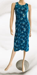 Robe Vintage Caroline Wells Petites Crinkle Florale Teal — Fourreau Mi-Longue Sans Manches — Très bon état - S/M