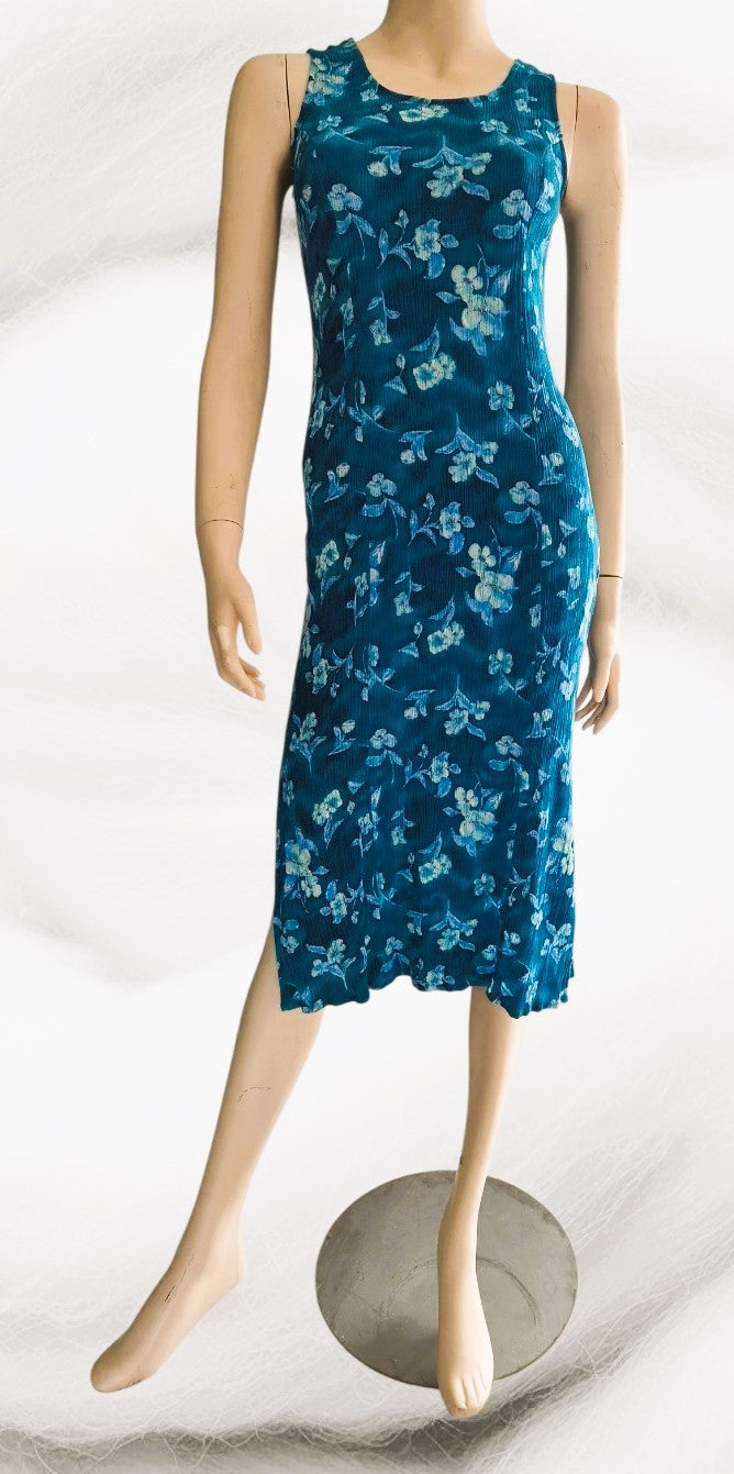 Robe Vintage Caroline Wells Petites Crinkle Florale Teal — Fourreau Mi-Longue Sans Manches — Très bon état - S/M