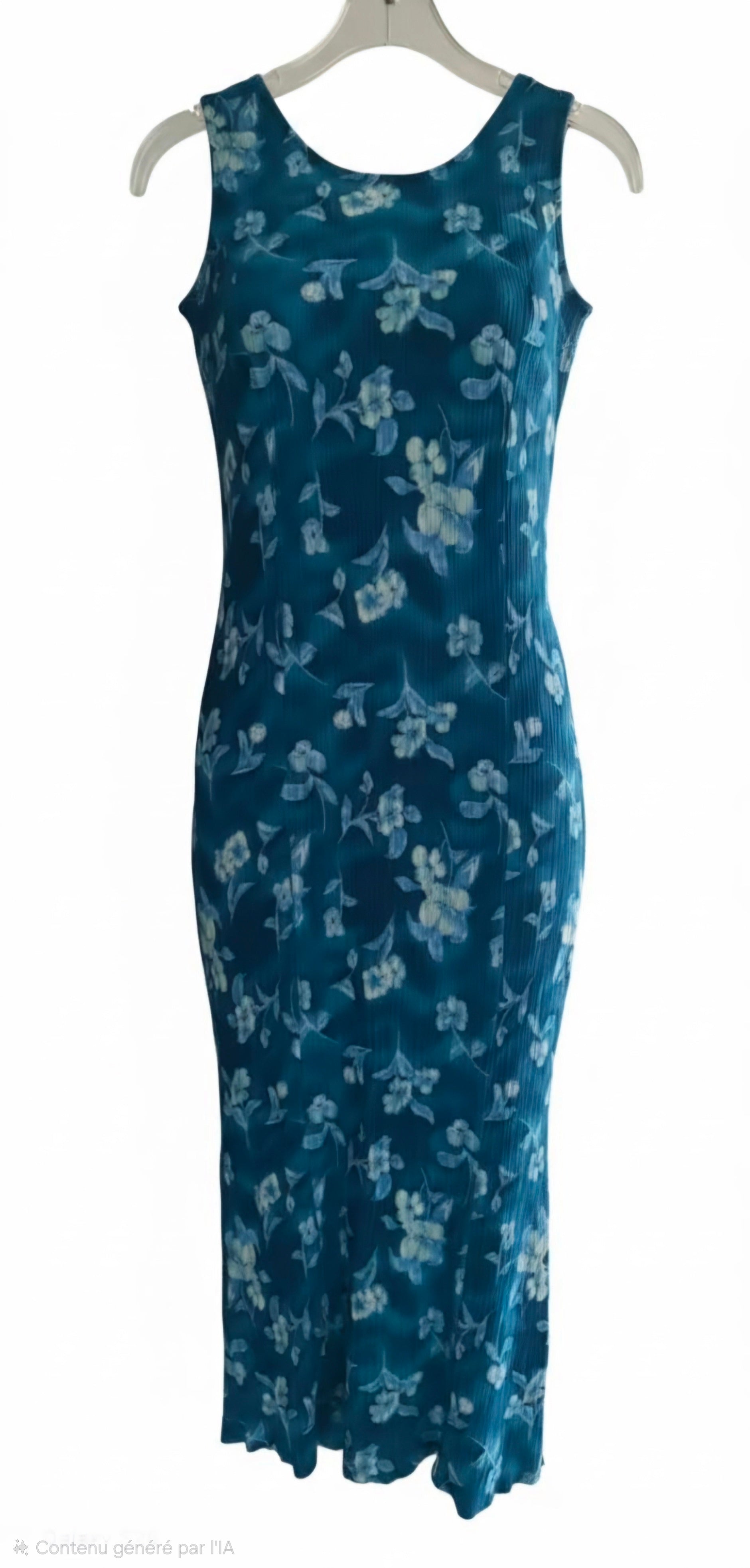 Robe Vintage Caroline Wells Petites Crinkle Florale Teal — Fourreau Mi-Longue Sans Manches — Très bon état - S/M