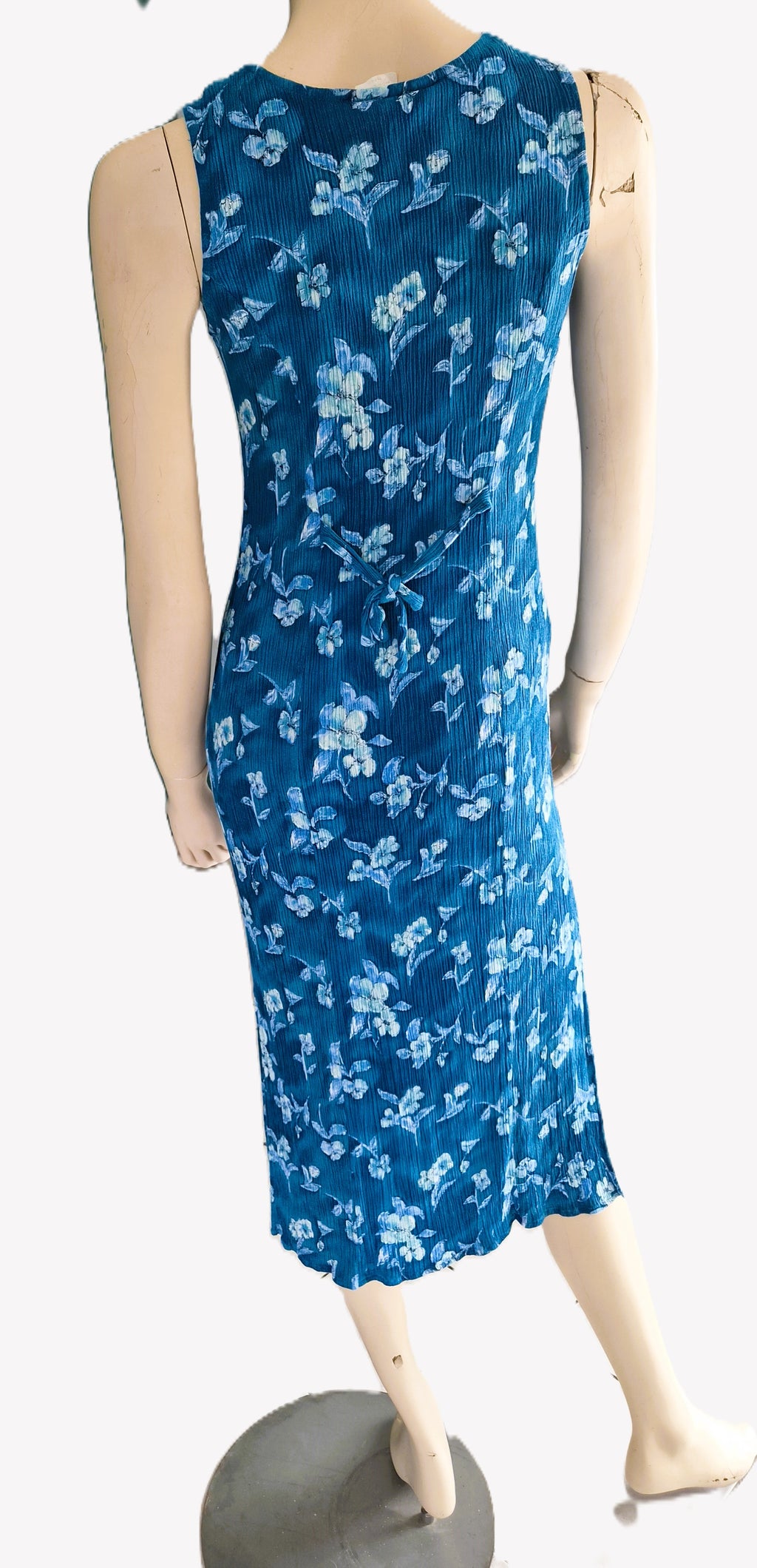 Robe Vintage Caroline Wells Petites Crinkle Florale Teal — Fourreau Mi-Longue Sans Manches — Très bon état - S/M