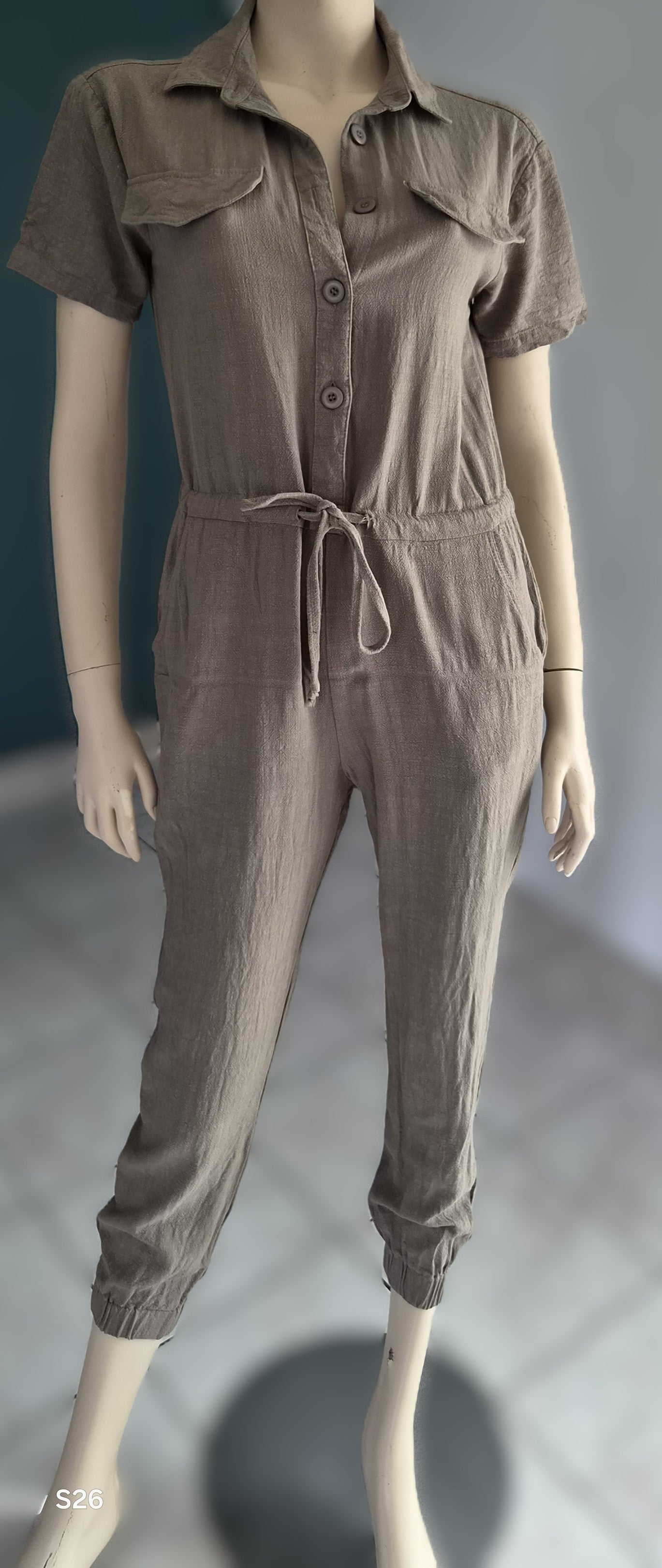 Combinaison femme kaki style safari – Taille S – Lin & Viscose