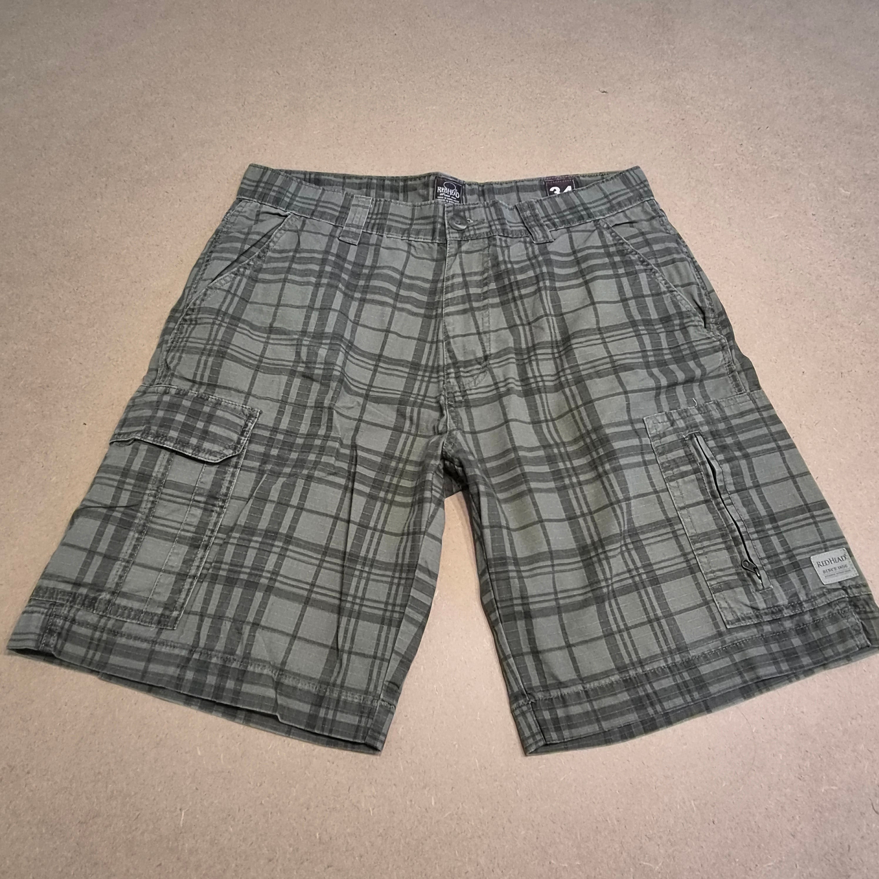 Short Cargo Vintage 90s/Y2K "RedHead" à Carreaux Vert Olive – 100% Coton Taille 44 FR