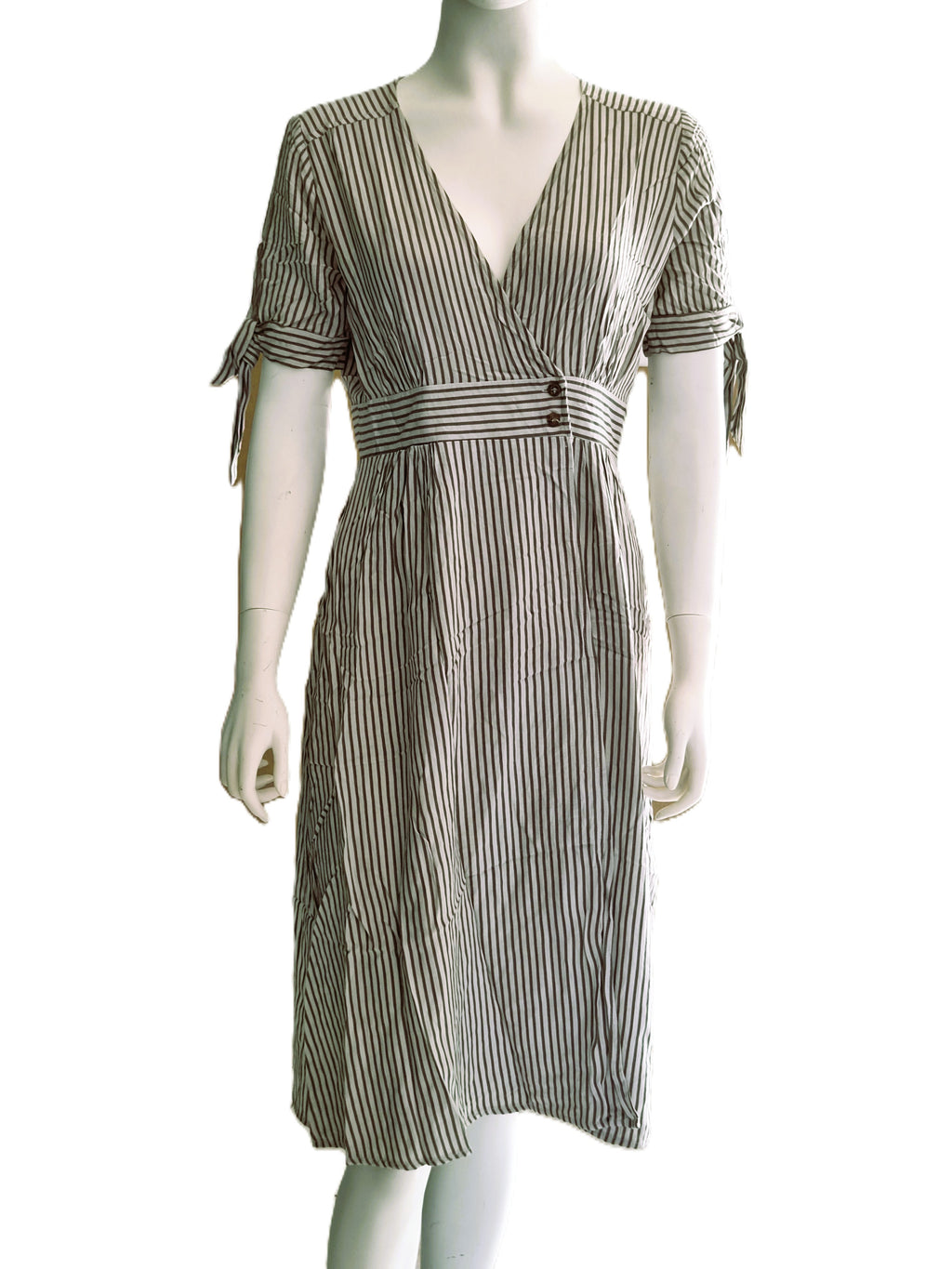 Robe Lulus Rayures kaki crème — Col V Cache-Cœur Manches Nouées Ceinture Boutons — S (XS/S) — 100% Rayon — Très bon état