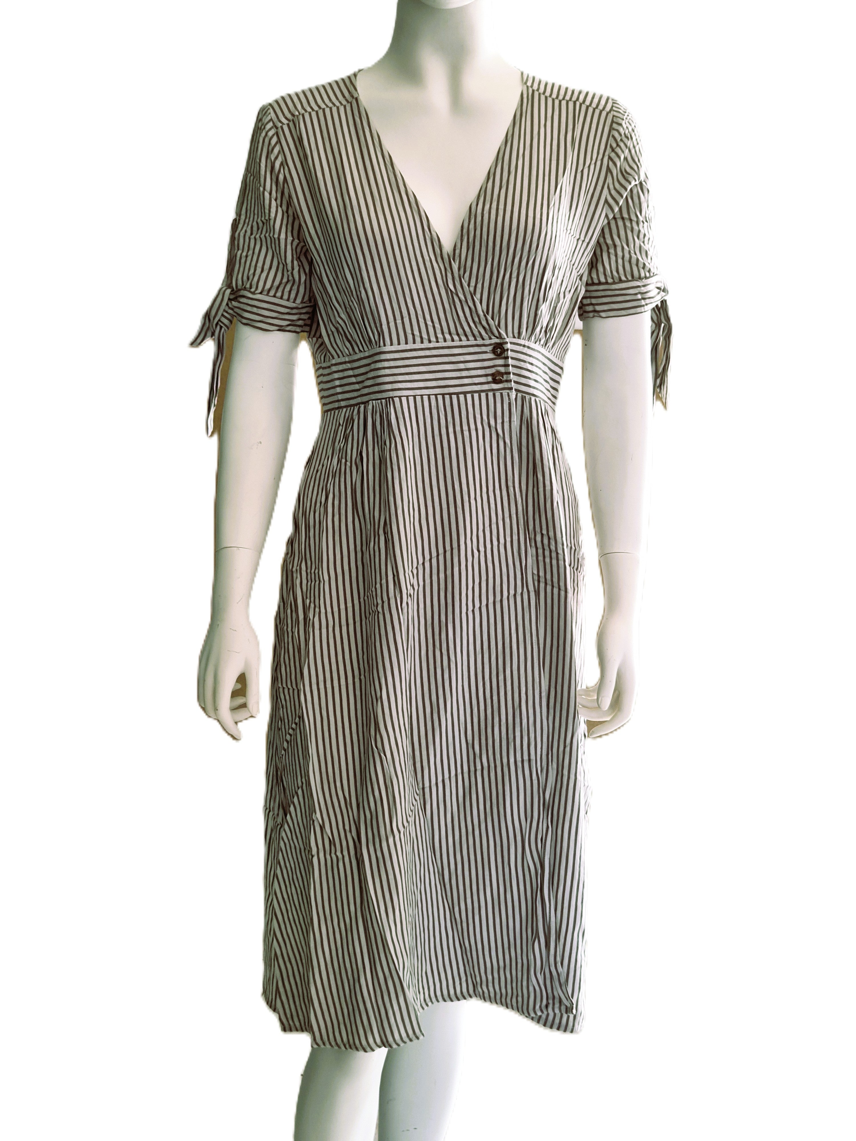 Robe Lulus Rayures kaki crème — Col V Cache-Cœur Manches Nouées Ceinture Boutons — S (XS/S) — 100% Rayon — Très bon état