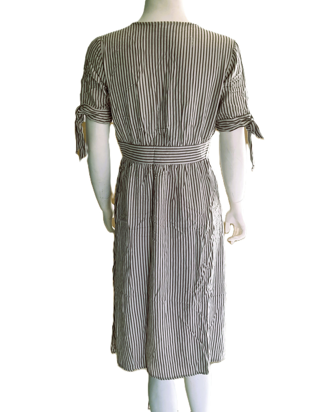 Robe Lulus Rayures kaki crème — Col V Cache-Cœur Manches Nouées Ceinture Boutons — S (XS/S) — 100% Rayon — Très bon état