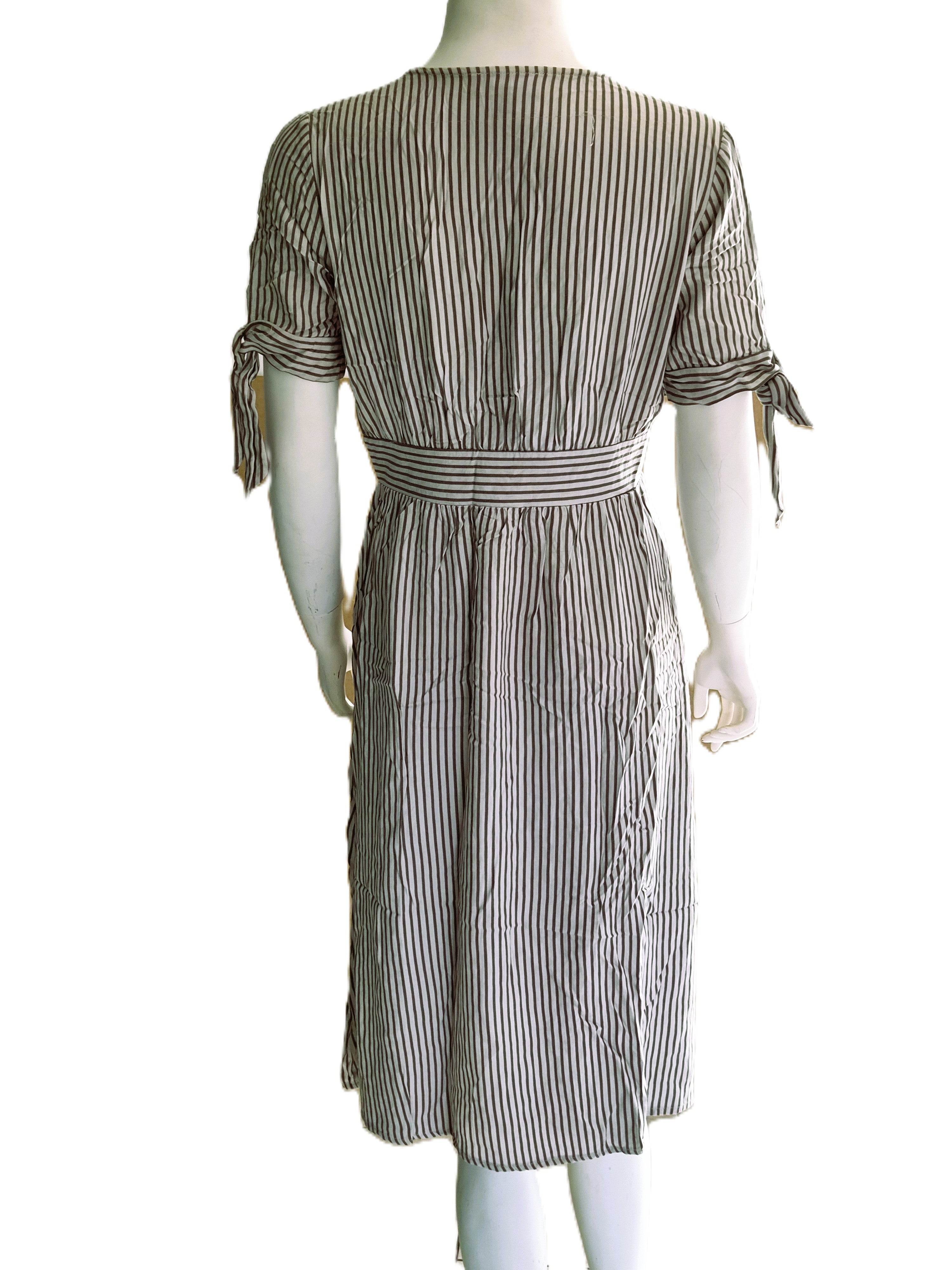 Robe Lulus Rayures kaki crème — Col V Cache-Cœur Manches Nouées Ceinture Boutons — S (XS/S) — 100% Rayon — Très bon état