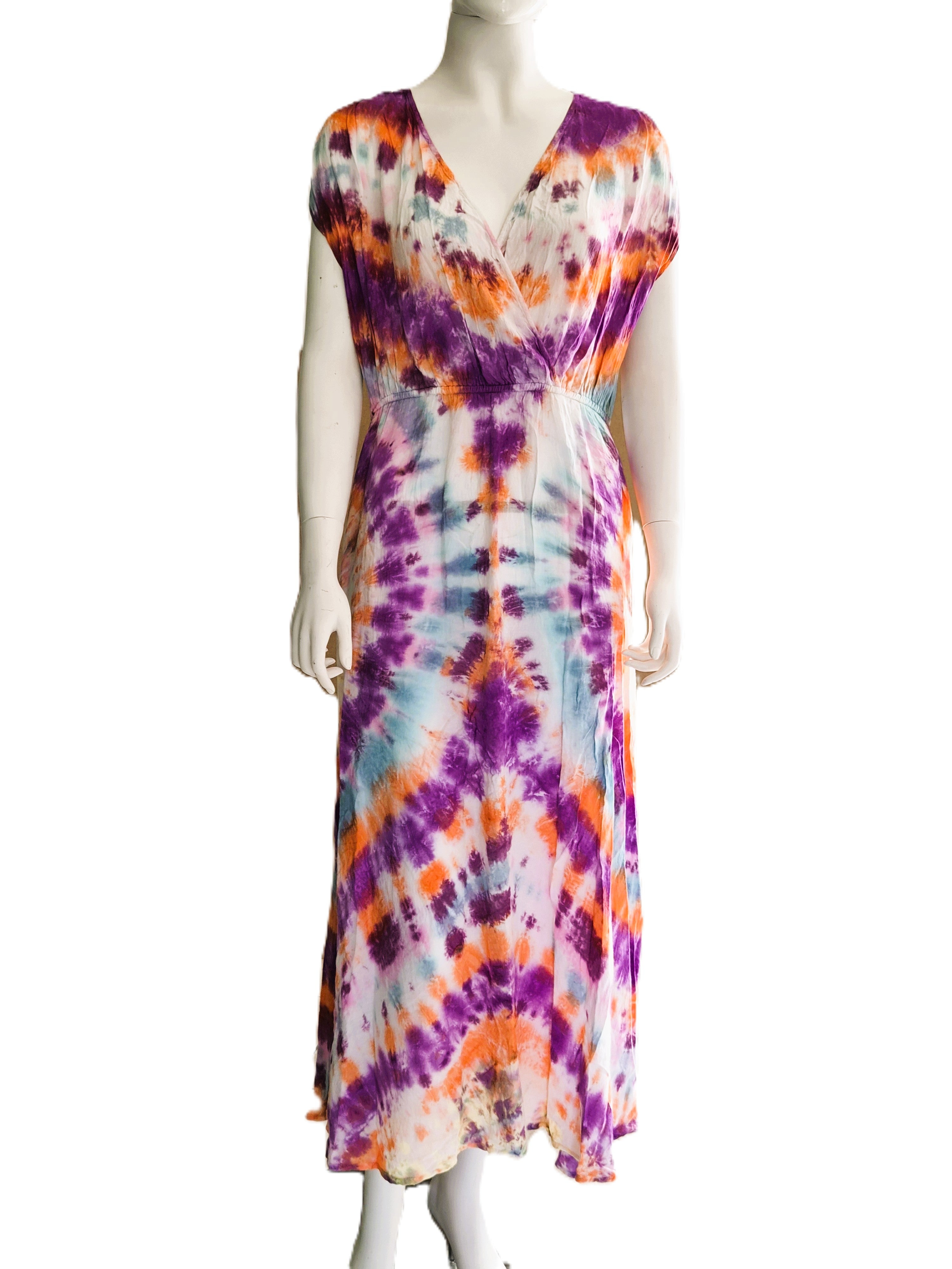 Robe Maxi Tie-Dye Sand & Spirit Violet Orange Bleu — Col V Cache-Cœur Taille Smokée — M — 100% Rayon — Très bon état