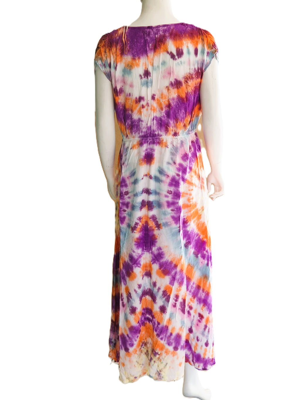 Robe Maxi Tie-Dye Sand & Spirit Violet Orange Bleu — Col V Cache-Cœur Taille Smokée — M — 100% Rayon — Très bon état