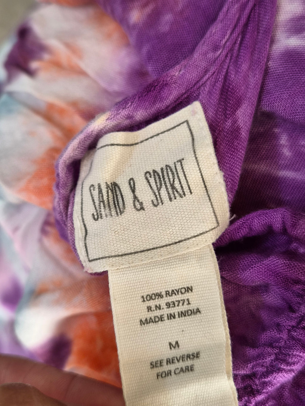 Robe Maxi Tie-Dye Sand & Spirit Violet Orange Bleu — Col V Cache-Cœur Taille Smokée — M — 100% Rayon — Très bon état