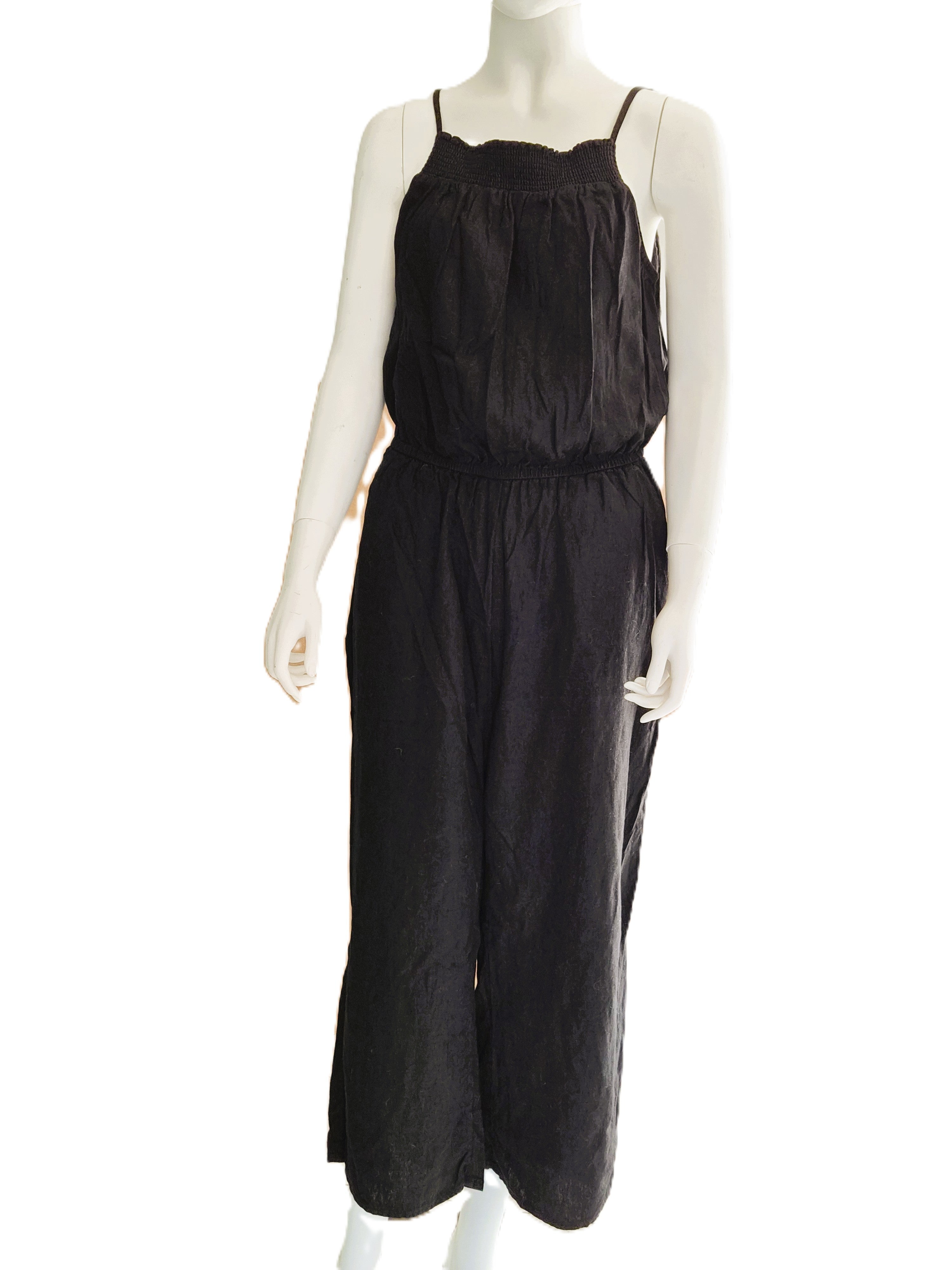 Combinaison Old Navy Lin Viscose Noire — Bretelles Fines Smockées Col Carré Jambe Large 7/8 — M — Très bon état