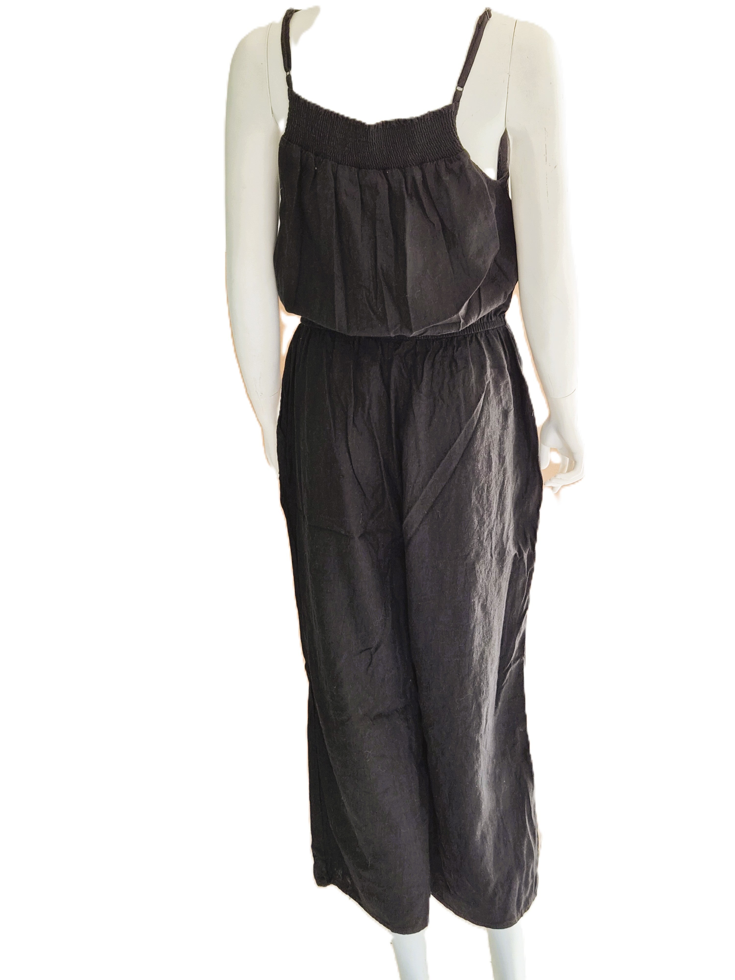 Combinaison Old Navy Lin Viscose Noire — Bretelles Fines Smockées Col Carré Jambe Large 7/8 — M — Très bon état