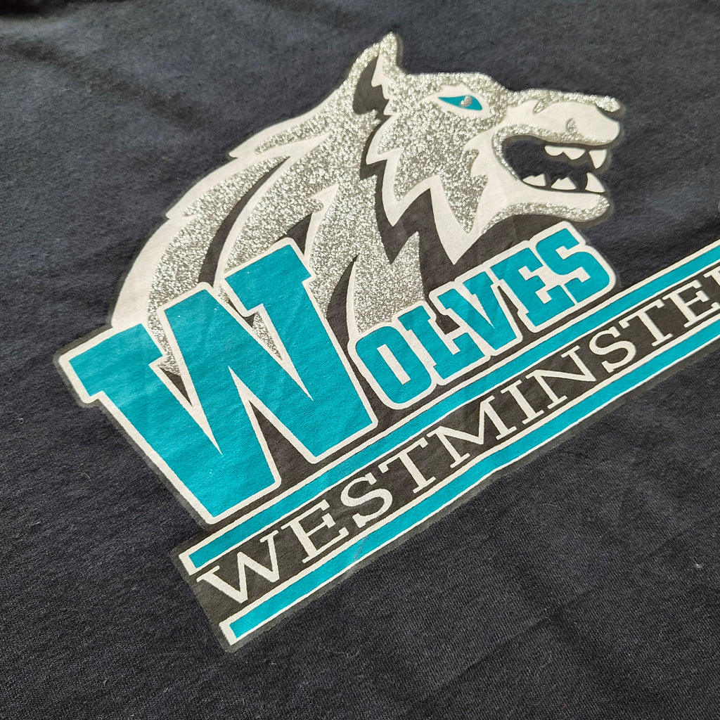 T-shirt Gildan Westminster Wolves Noir — Logo Loup Argenté Pailleté Turquoise — XL — 100% Coton Made in Haiti — Très bon état