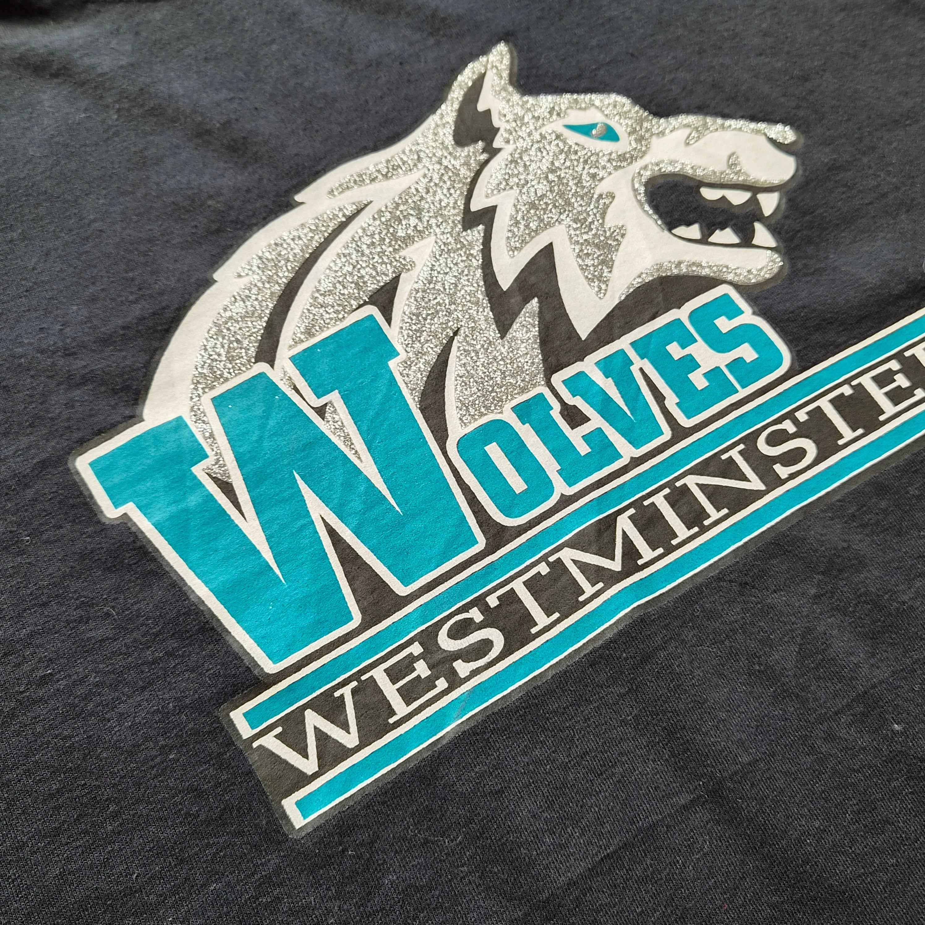 T-shirt Gildan Westminster Wolves Noir — Logo Loup Argenté Pailleté Turquoise — XL — 100% Coton Made in Haiti — Très bon état
