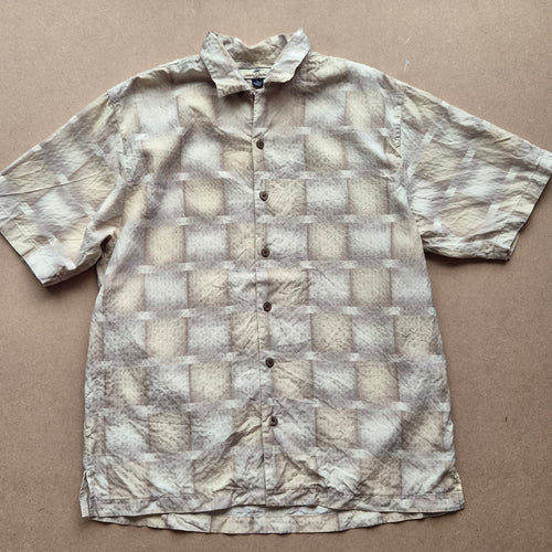 Chemise hawaïenne vintage Tommy Bahama - motif géométrique abstrait tons beige crème - 100% soie - taille M