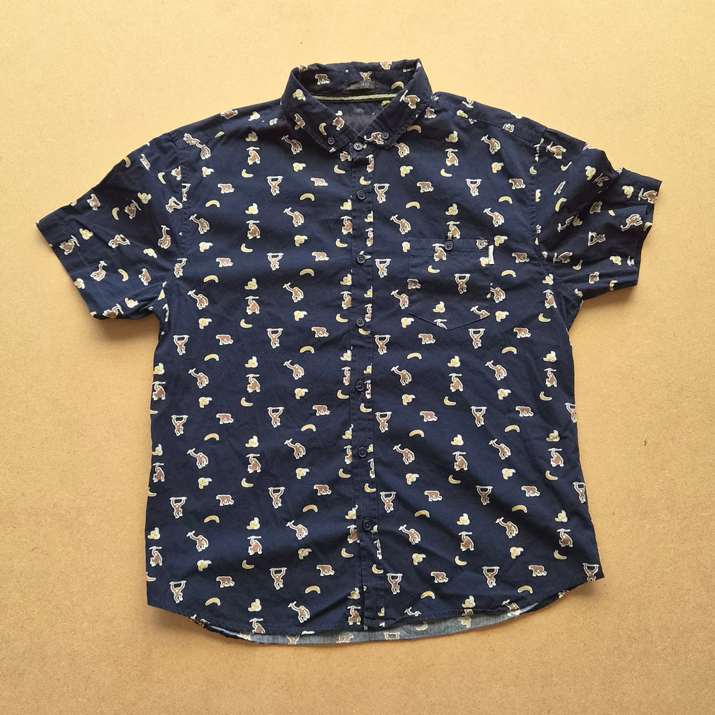 Chemise vintage Soulstar England - motif singes éléphants girafes bananes sur fond marine - 100% coton - regular fit - taille M