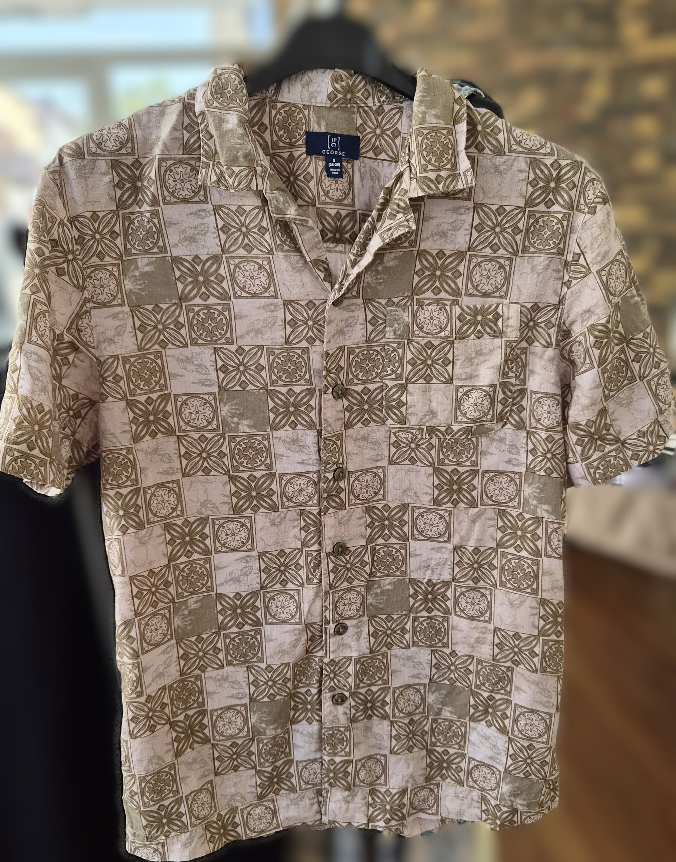 Chemise vintage George à motifs géométriques – Taille S – Lin & Lyocell