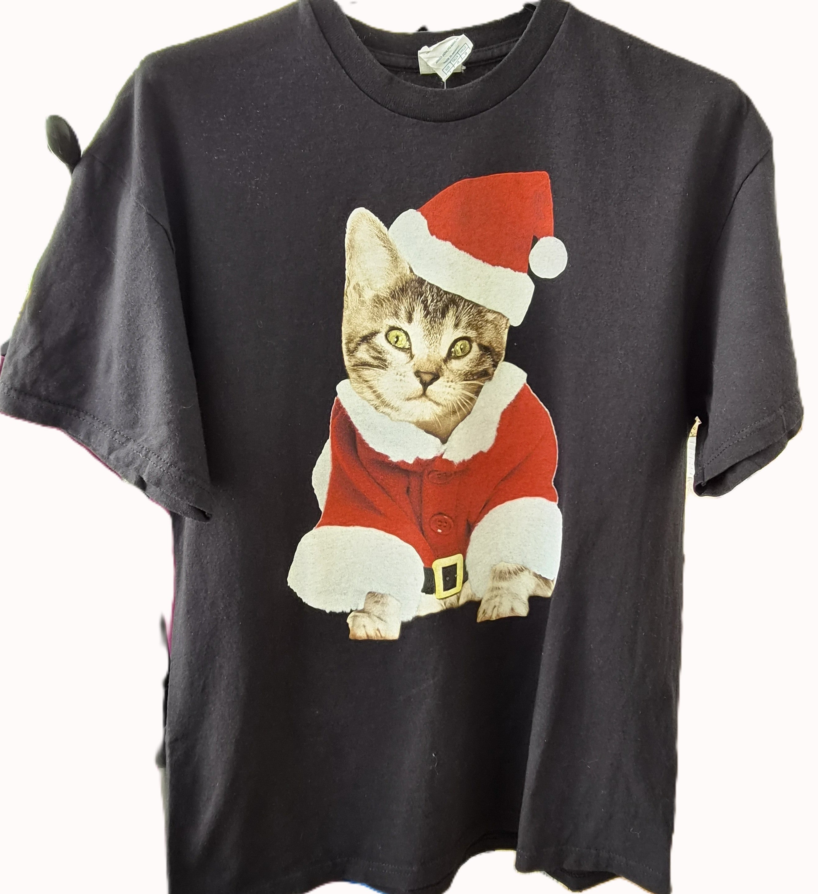T-shirt de Noël noir chat Père Noël – taille L 100% coton