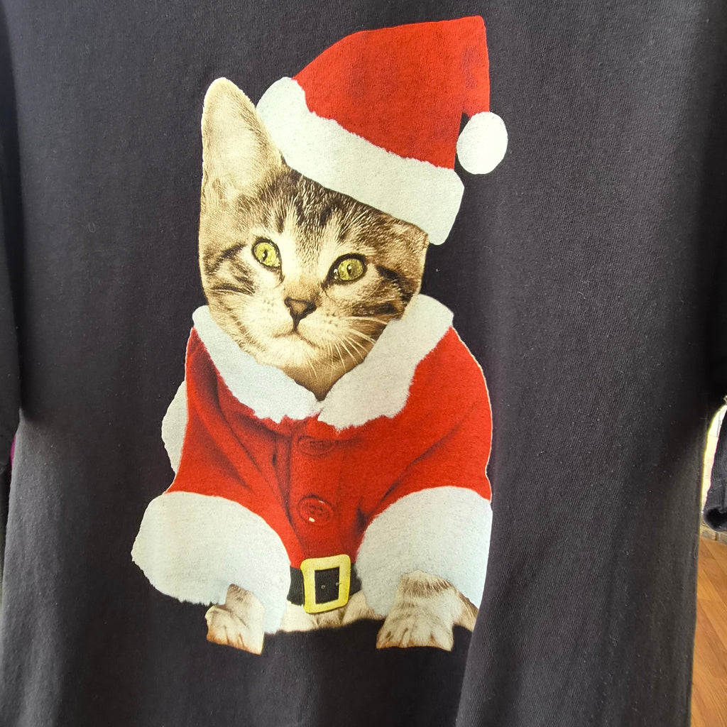 T-shirt de Noël noir chat Père Noël – taille L 100% coton
