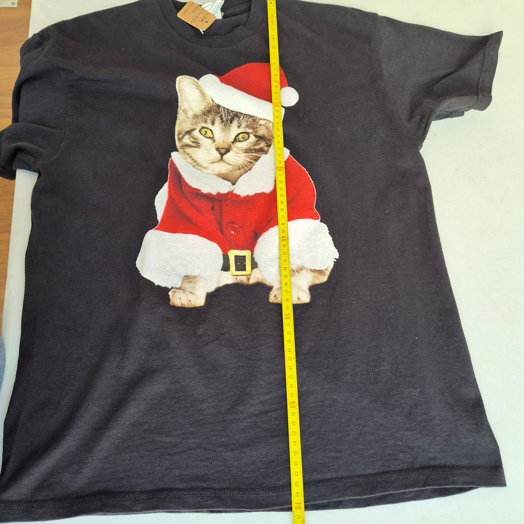 T-shirt de Noël noir chat Père Noël – taille L 100% coton