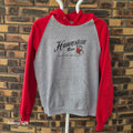 Sweat à capuche vintage USA Hauenstein Beer gris et rouge – taille L
