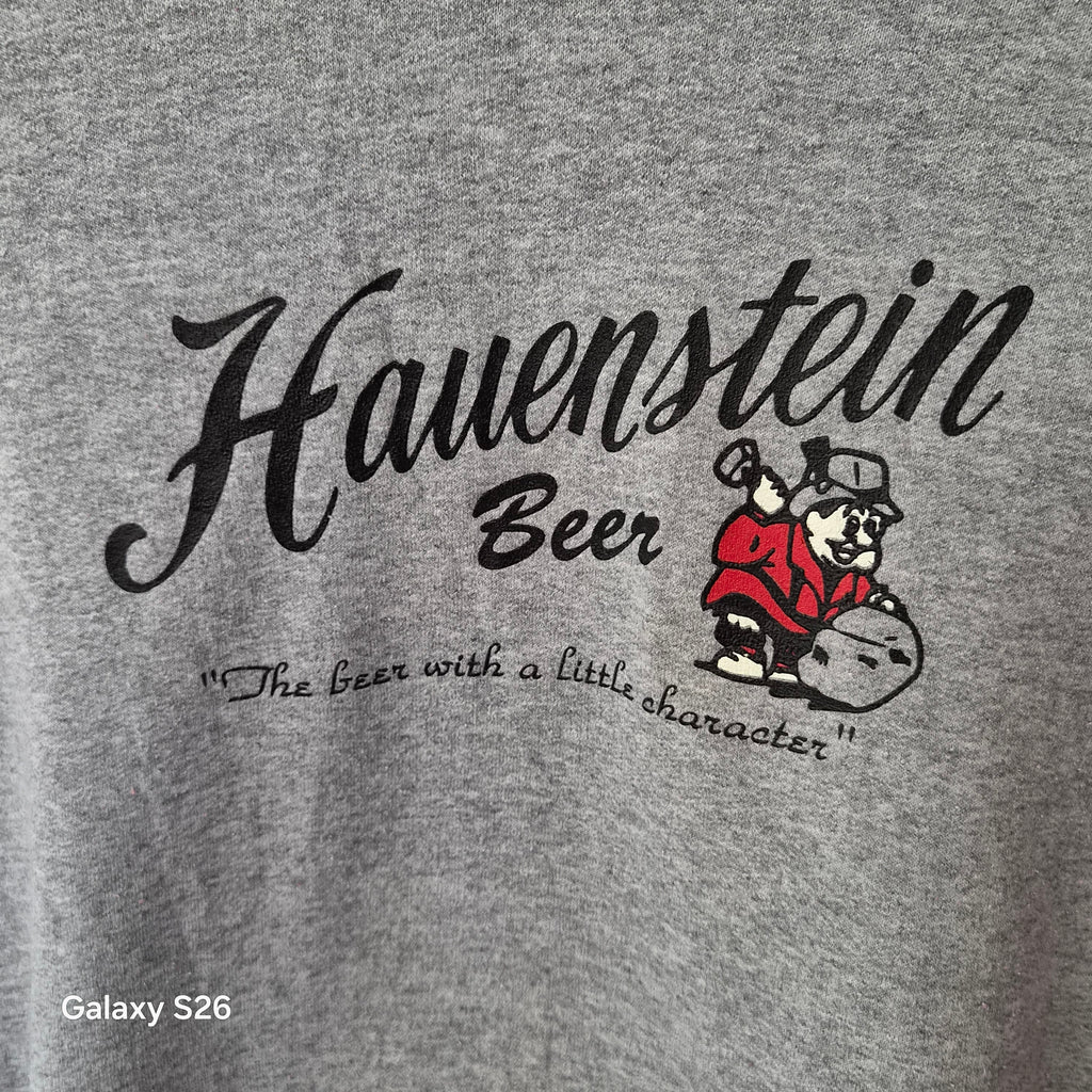 Sweat à capuche vintage USA Hauenstein Beer gris et rouge – taille L