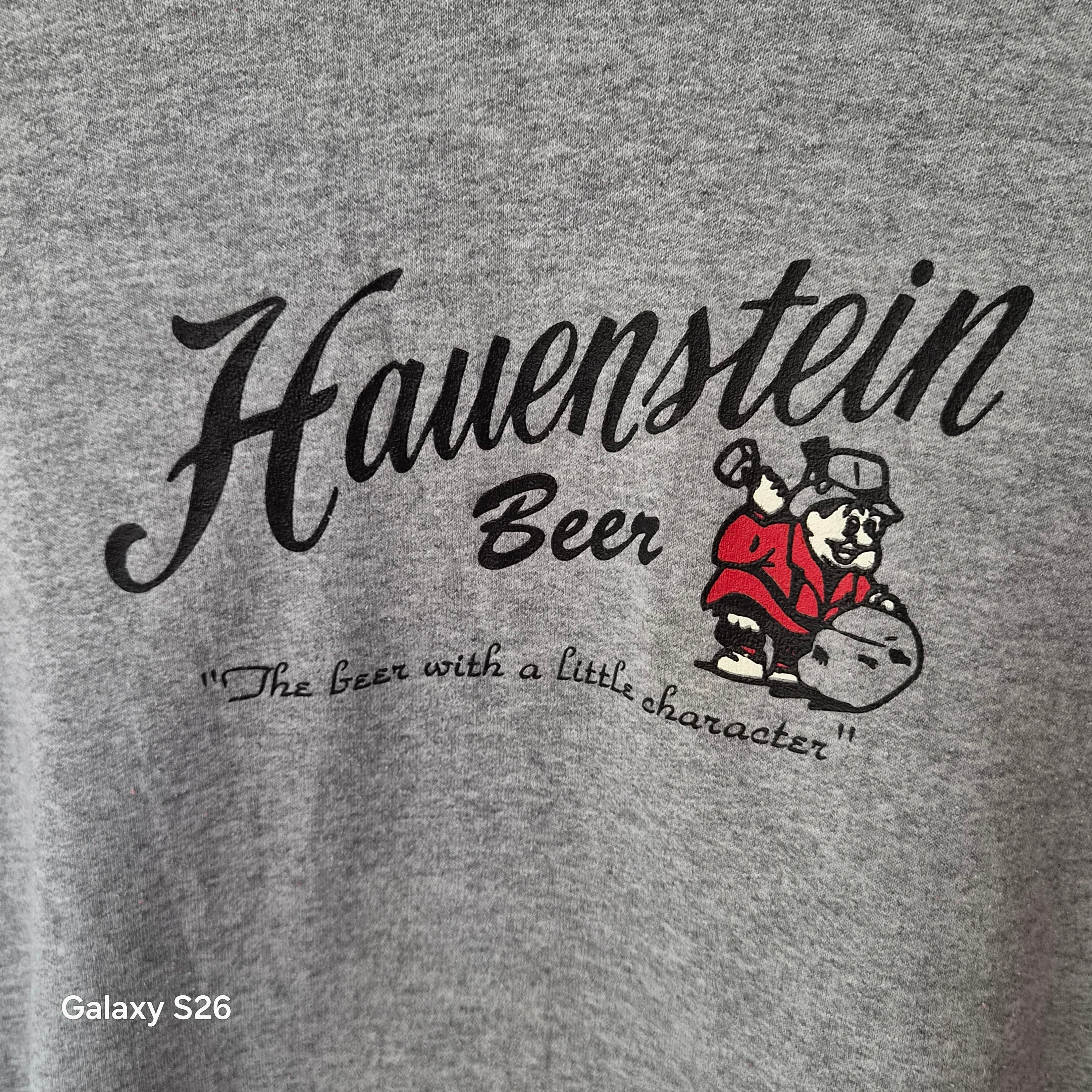 Sweat à capuche vintage USA Hauenstein Beer gris et rouge – taille L