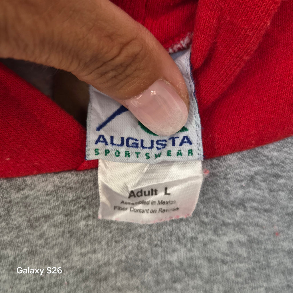 Sweat à capuche vintage USA Hauenstein Beer gris et rouge – taille L
