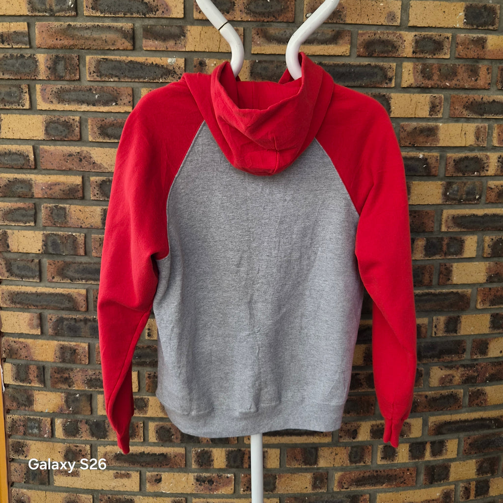 Sweat à capuche vintage USA Hauenstein Beer gris et rouge – taille L