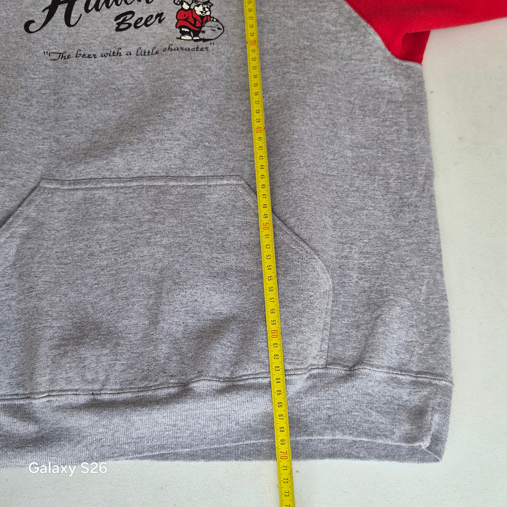Sweat à capuche vintage USA Hauenstein Beer gris et rouge – taille L