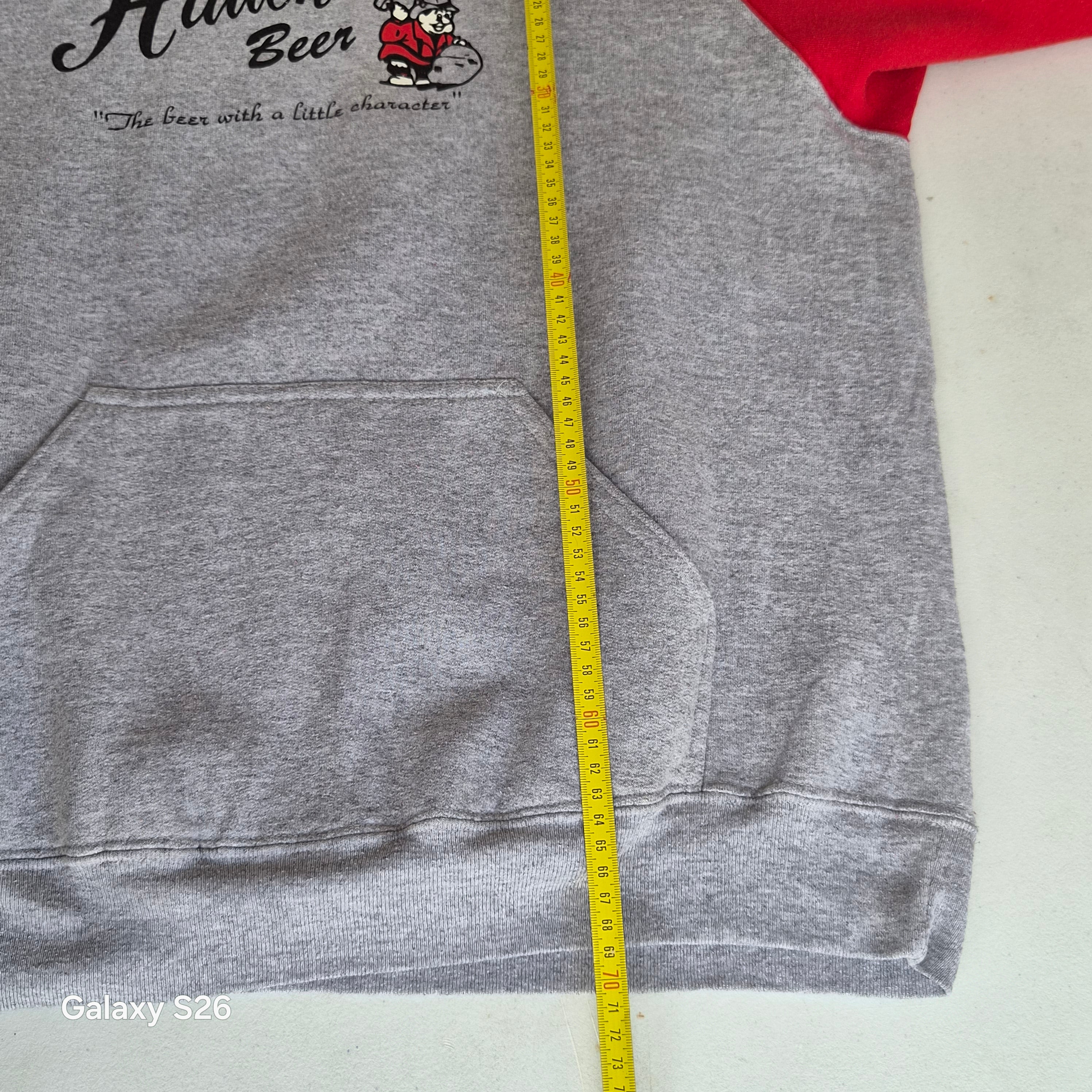 Sweat à capuche vintage USA Hauenstein Beer gris et rouge – taille L