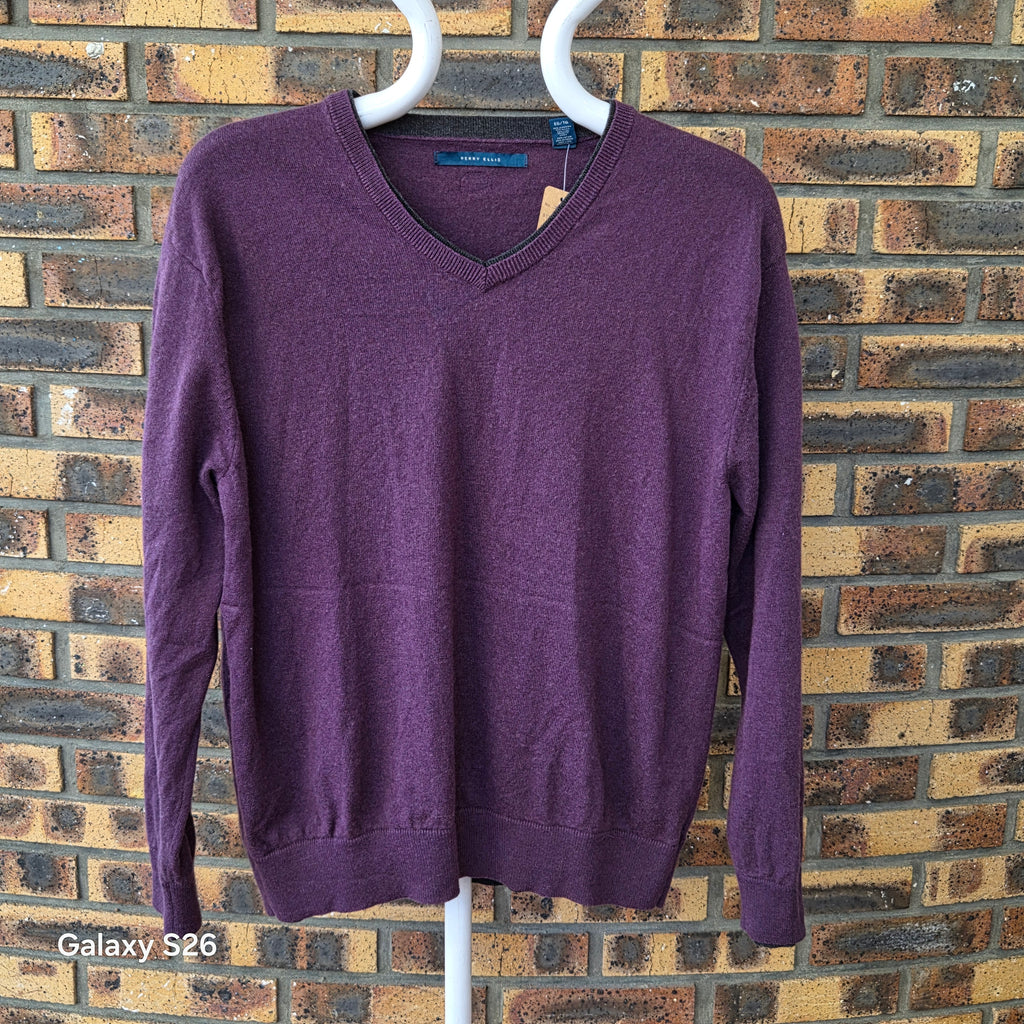 Pull homme Perry Ellis prune col V XL coton et laine