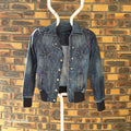 Veste en jean femme Naf Naf Jeans bleu délavé, style bomber, taille S, avec fermeture zippée, boutons-pression et bords-côtes marine.