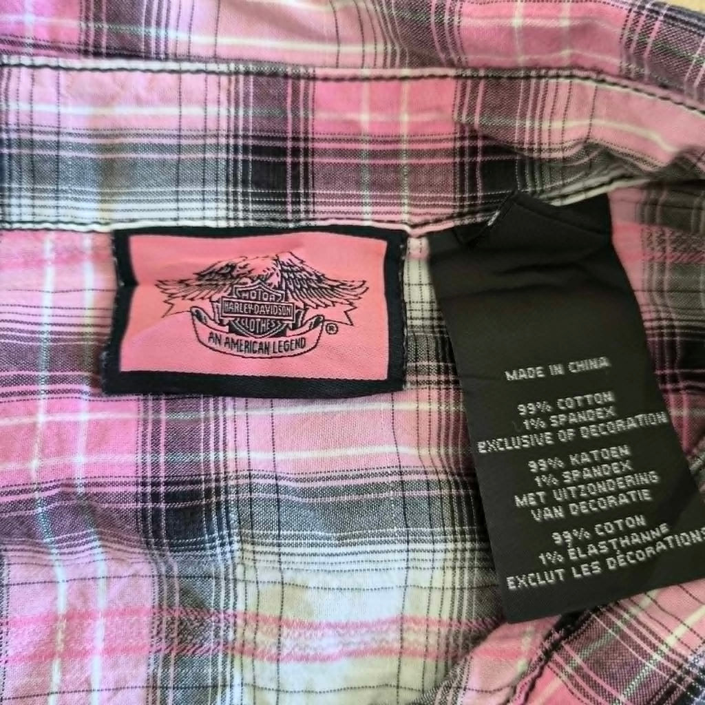 Chemise Harley-Davidson Femme Carreaux Rose — Logo Ailes Brodé — L — Très bon état