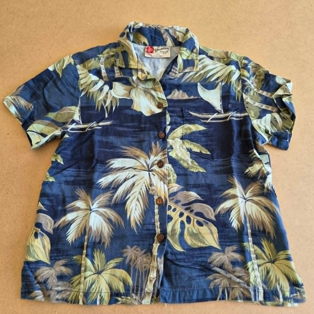 Chemise Hawaïenne Hilo Hattie Bleu Marine — Made in Hawaii — XS — Très bon état