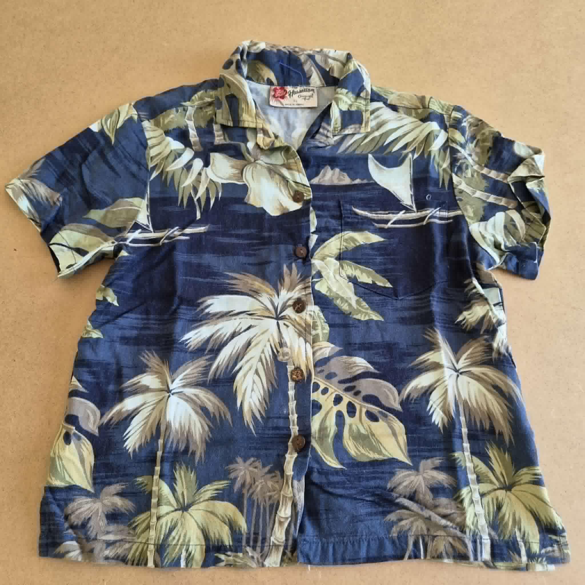 Chemise Hawaïenne Hilo Hattie Bleu Marine — Made in Hawaii — XS — Très bon état