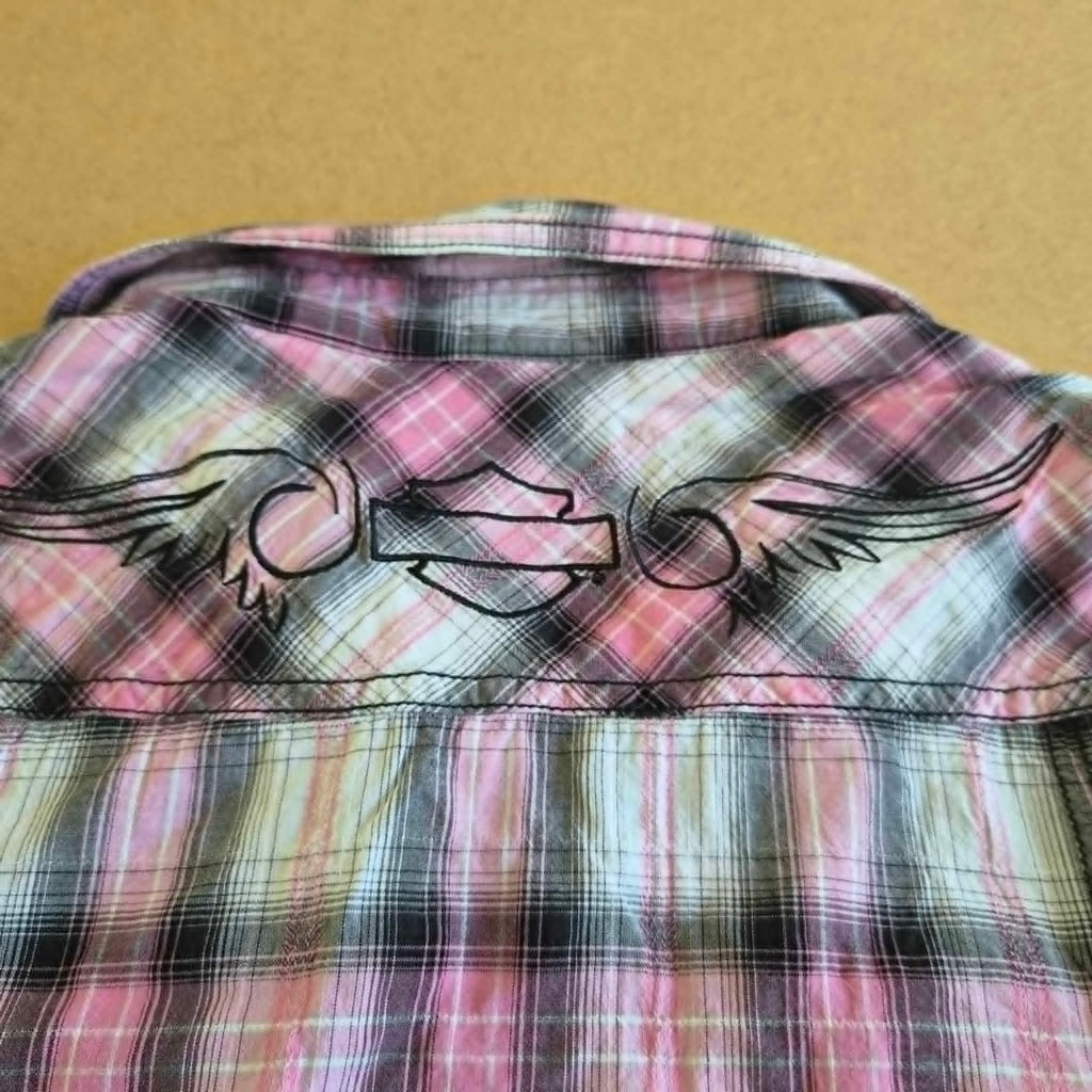 Chemise Harley-Davidson Femme Carreaux Rose — Logo Ailes Brodé — L — Très bon état