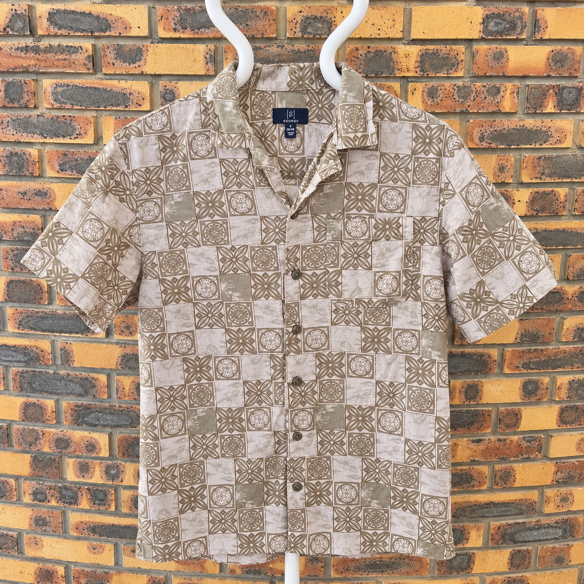 Chemise vintage George à motifs géométriques – Taille S – Lin & Lyocell