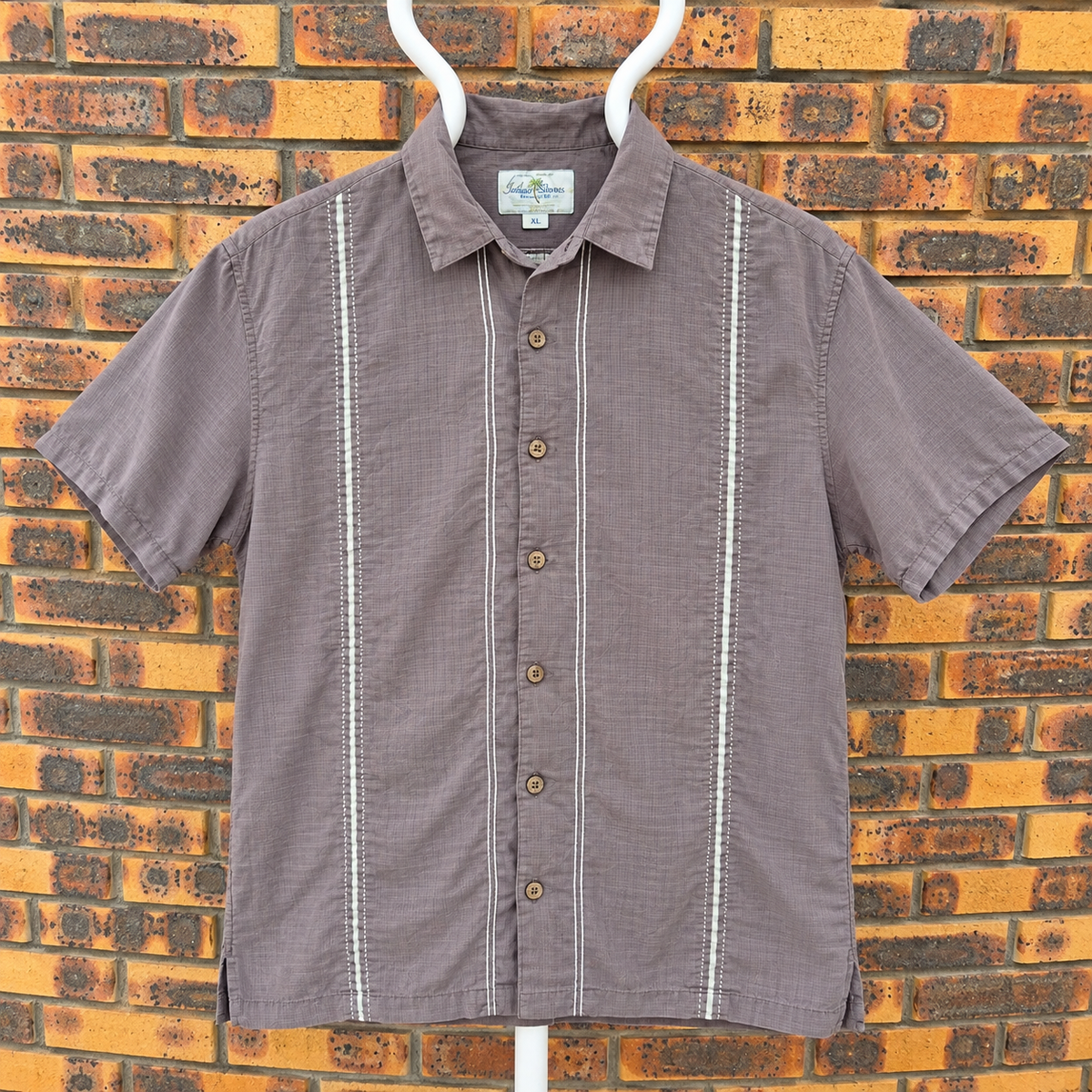 Chemise Hawaïenne Vintage Island Shores - Bandes Brodées Taupe - Soie - XL